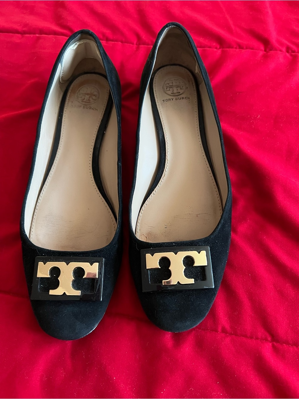 Tory Burch Black Suede Flats with Gold Logo Plaque